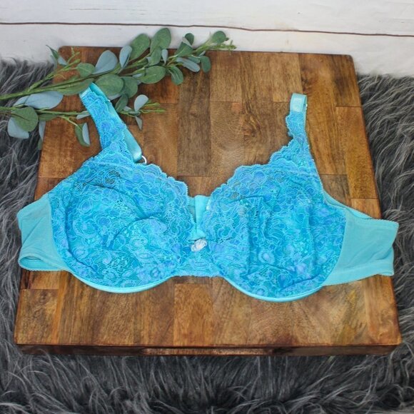 Cacique 42B Floral Lace Underwire Unlined Turquoise Blue Bra Plus‎ Size - Picture 1 of 8